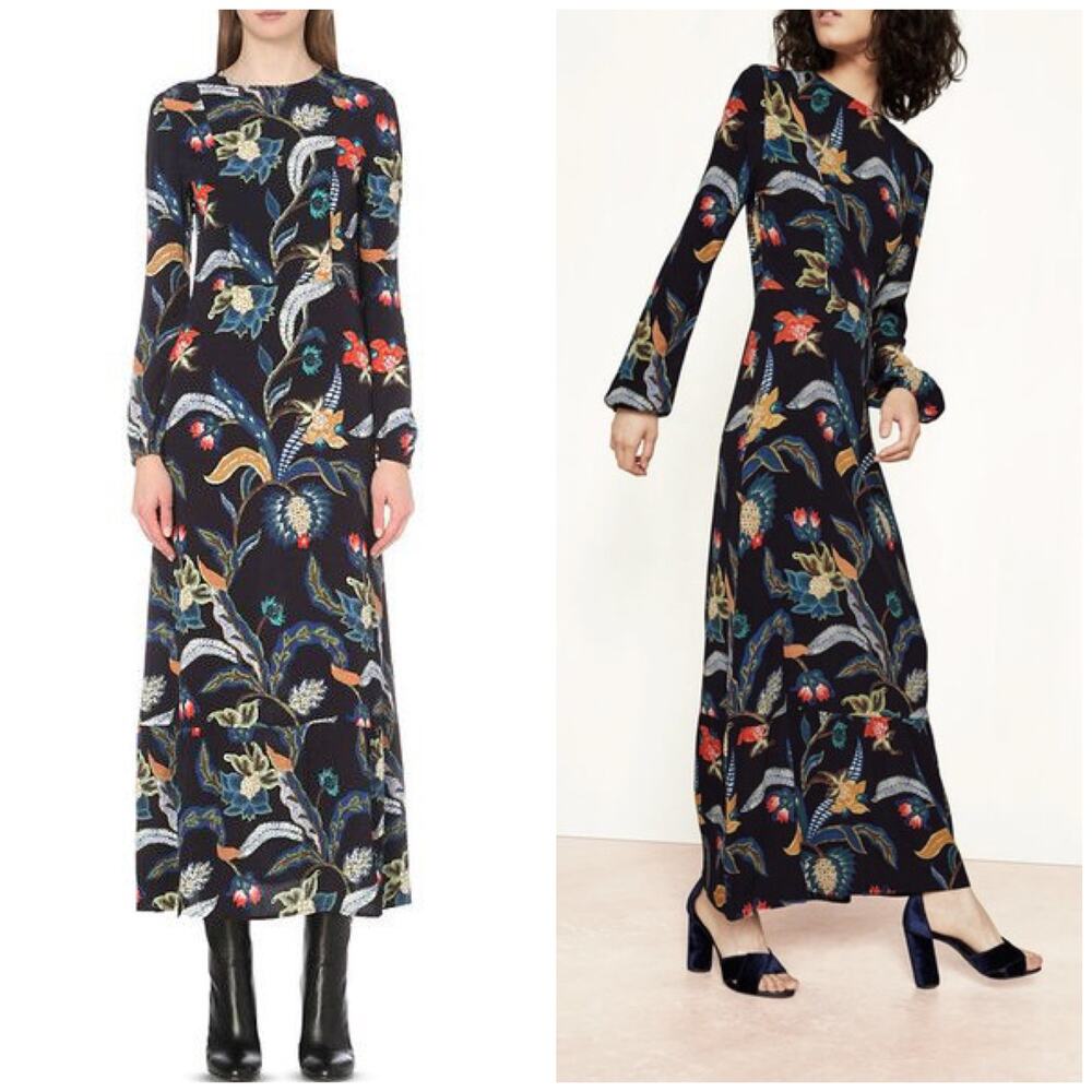 Maje Rousseau Baroque-Print Maxi Dress Size 1 Black Floral Long Sleeve Crepe